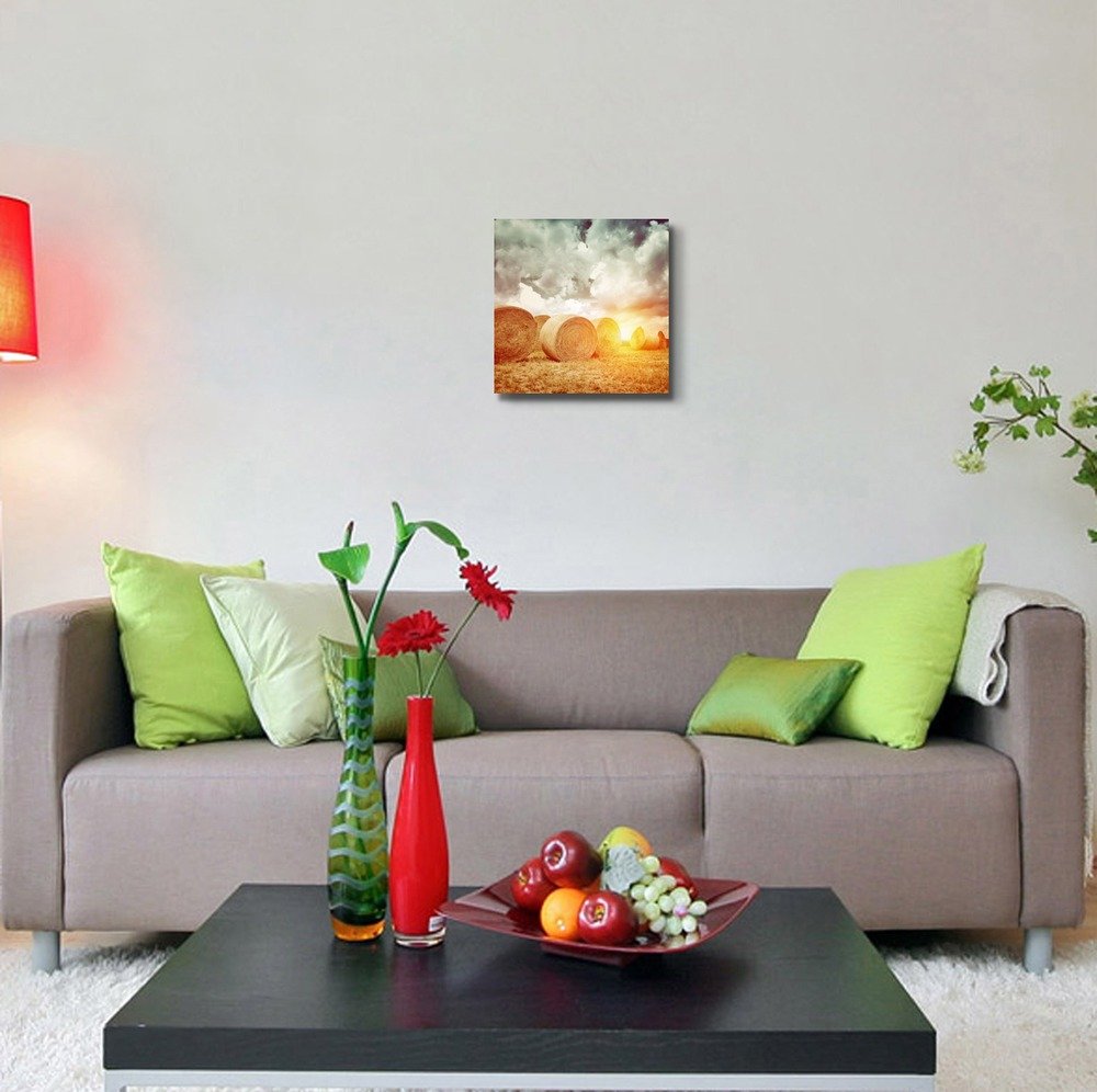 Canvas Prints Wall Art - Dry Round Bales In Autumnal Harvest Season At Sunset | Modern Wall Decor/Home Decoration Stretched Gall